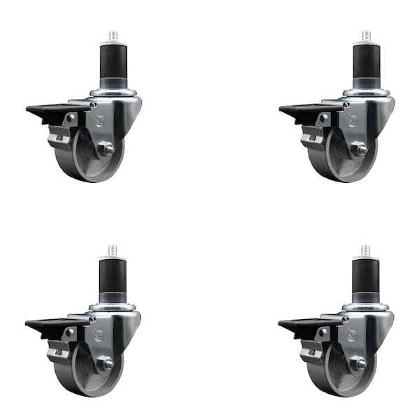 3'' Semi Steel Swivel 1-5/8'' Expanding Stem Caster Set with Brake, 4PK